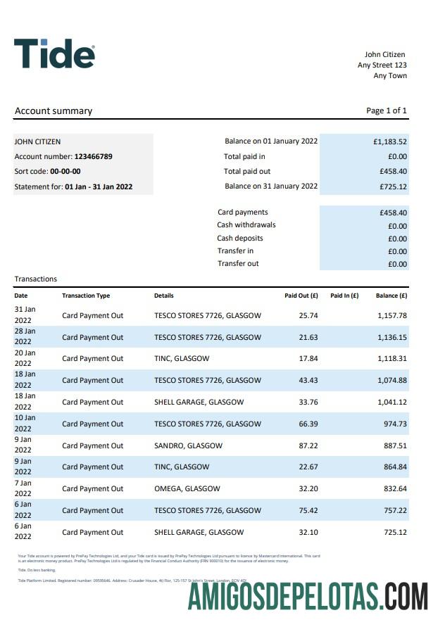 Extrato bancário da maré do Reino Unido em branco, modelo Excel e PDF